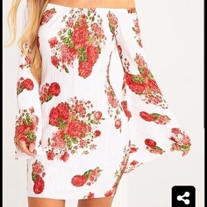 PrettyLittleThing White Floral Off-Shoulder Mini Dress